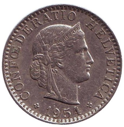 Монета 20 раппенов. 1954 год, Швейцария. Монета 20 раппенов. 1954 год, Швейцария.
