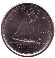 Монета 10 центов. 2006 год, Канада. (Отметка "P"). Парусник. Монета 10 центов. 2006 год, Канада. (Отметка "P"). Парусник.