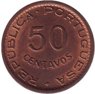 Монета 50 сентаво. 1970 год, Португальский Тимор. Монета 50 сентаво. 1970 год, Португальский Тимор.