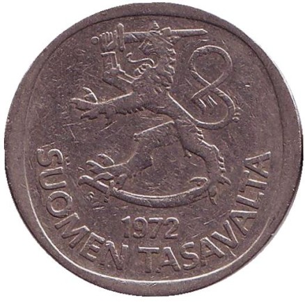 Монета 1 марка. 1972 год, Финляндия. Монета 1 марка. 1972 год, Финляндия.