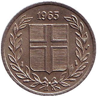 Монета 10 аураров. 1965 год, Исландия.