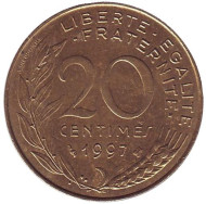Монета 20 сантимов. 1997 год, Франция.