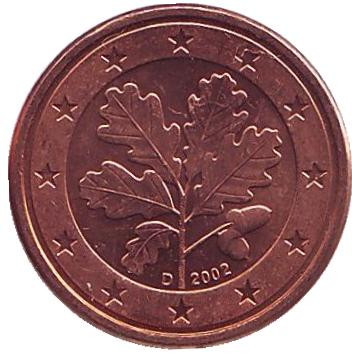 Монета 1 цент. 2002 год (D), Германия.