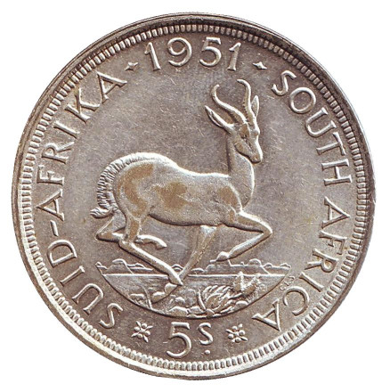 Монета 5 шиллингов. 1951 год, ЮАР. Антилопа.