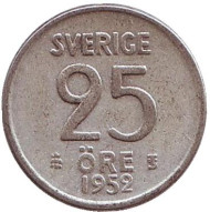 Монета 25 эре. 1952 год, Швеция. Монета 25 эре. 1952 год, Швеция.