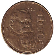 Монета 100 песо. 1989 год, Мексика. Венустино Карранса.