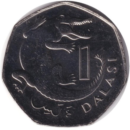 Монета 1 даласи. 2021 год, Гамбия. Африканский узкорылый крокодил.