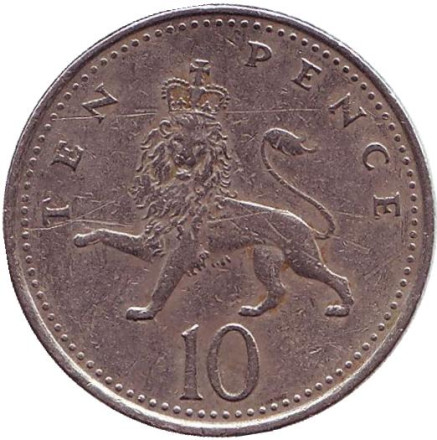Монета 10 пенсов. 1995 год, Великобритания. Лев.