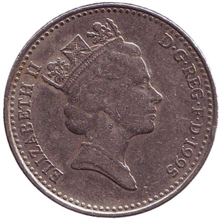 Монета 10 пенсов. 1995 год, Великобритания. Лев. Монета 10 пенсов. 1995 год, Великобритания. Лев.