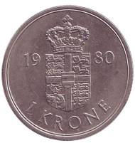 Монета 1 крона. 1980 год, Дания. Монета 1 крона. 1980 год, Дания.