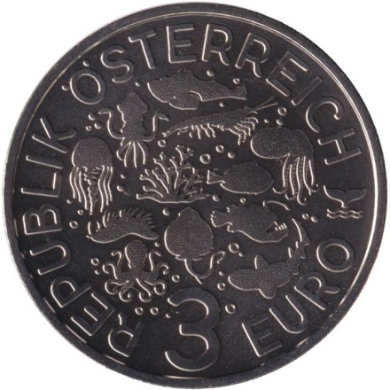 Монета 3 евро. 2024 год, Австрия. Серия "Светящаяся морская жизнь". Кальмар-Бобтейл.