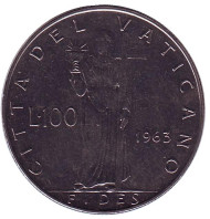 Монета 100 лир. 1963 год, Ватикан. Фигура Веры с крестом. Монета 100 лир. 1963 год, Ватикан. Фигура Веры с крестом.