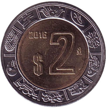 Монета 2 песо. 2016 год, Мексика. UNC.