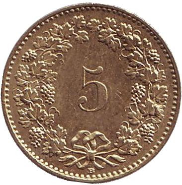 Монета 5 раппенов. 2007 год, Швейцария.