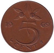 Монета 5 центов. 1969 год, Нидерланды. (петух) Монета 5 центов. 1969 год, Нидерланды. (петух)