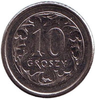 Монета 10 грошей. 2002 год, Польша.