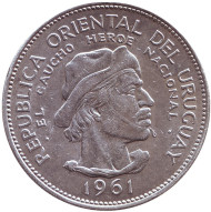 Монета 10 песо. 1961 год, Уругвай. 150 лет революции.