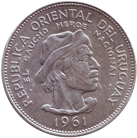 Монета 10 песо. 1961 год, Уругвай. 150 лет революции.