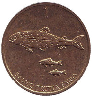 Монета 1 толар. 1994 год, Словения. Ручьевая форель. Монета 1 толар. 1994 год, Словения. Ручьевая форель.