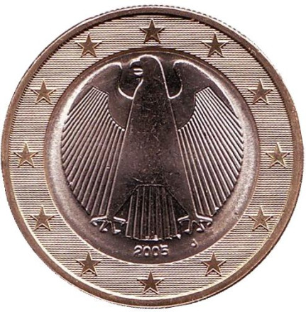 Монета 1 евро. 2005 год (J), Германия.