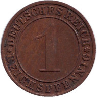 Монета 1 рейхспфенниг. 1935 год (J), Веймарская республика. Монета 1 рейхспфенниг. 1935 год (J), Веймарская республика.