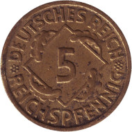 Монета 5 рейхспфеннигов. 1935 год (F), Веймарская республика. Монета 5 рейхспфеннигов. 1935 год (F), Веймарская республика.