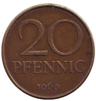 Монета 20 пфеннигов. 1969 год, ГДР. Монета 20 пфеннигов. 1969 год, ГДР.