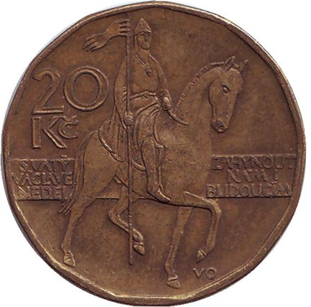 Монета 20 крон. 2000 год, Чехия. Всадник (Святой Вацлав).
