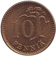 Монета 10 пенни. 1977 год, Финляндия. Монета 10 пенни. 1977 год, Финляндия.