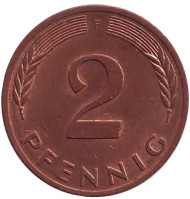 Монета 2 пфеннига. 1980 год (F), ФРГ. Дубовые листья. Монета 2 пфеннига. 1980 год (F), ФРГ. Дубовые листья.