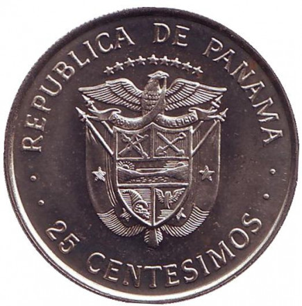 Монета 25 сентесимо. 1976 год, Панама. BU. Хусто Аросемена. Монета 25 сентесимо. 1976 год, Панама. BU. Хусто Аросемена.