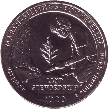 Монета 25 центов (D). 2020 год, США. Исторический парк Марш-Биллингс-Рокфеллер. Парк № 54.