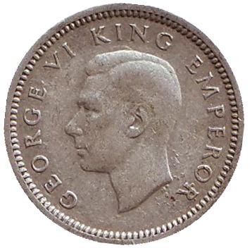 Монета 3 пенса. 1937 год, Новая Зеландия. Скрещенные вахаики.