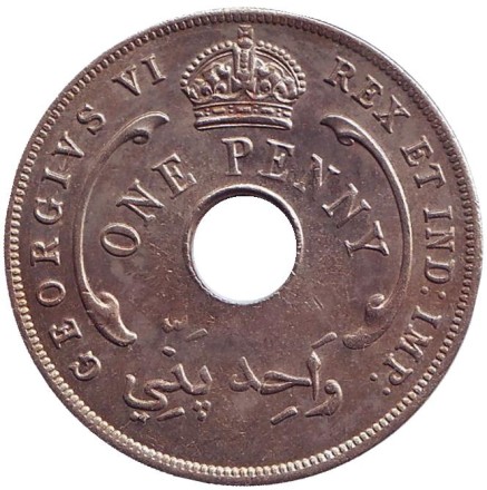 Монета 1 пенни. 1942 год, Британская Западная Африка. Монета 1 пенни. 1942 год, Британская Западная Африка.