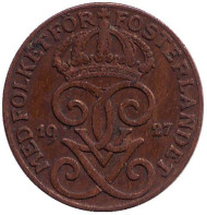 Монета 1 эре. 1927 год, Швеция. Монета 1 эре. 1927 год, Швеция.