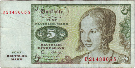 Банкнота 5 марок. 1980 год, ФРГ. Портрет молодой венецианки. Ветка дуба.