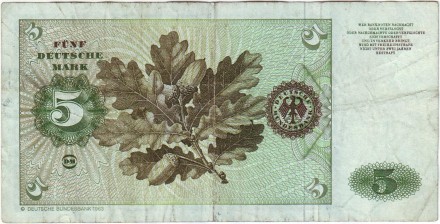 Банкнота 5 марок. 1980 год, ФРГ. Портрет молодой венецианки. Ветка дуба.