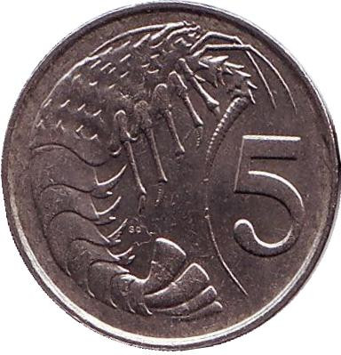Монета 5 центов. 1990 год, Каймановы острова. Розово-пятнистая креветка.