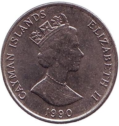 Монета 5 центов. 1990 год, Каймановы острова. Розово-пятнистая креветка.