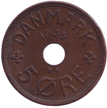 Монета 5 эре. 1935 год, Дания.