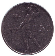 Монета 50 лир. 1984 год, Италия. Бог огня Вулкан у наковальни. Монета 50 лир. 1984 год, Италия. Бог огня Вулкан у наковальни.