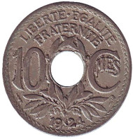Монета 10 сантимов. 1924 год, Франция. (молния) Монета 10 сантимов. 1924 год, Франция. (молния)
