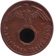 Монета 1 рейхспфенниг. 1939 год, Германия (Третий Рейх). (F). Монета 1 рейхспфенниг. 1939 год, Германия (Третий Рейх). (F).