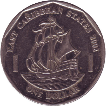 Монета 1 доллар. 2002 год, Восточно-Карибские государства. Парусник.