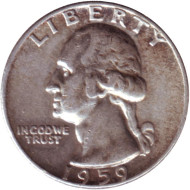 Монета 25 центов. 1959 год, США. (Без отметки монетного двора). Вашингтон. Монета 25 центов. 1959 год, США. (Без отметки монетного двора). Вашингтон.