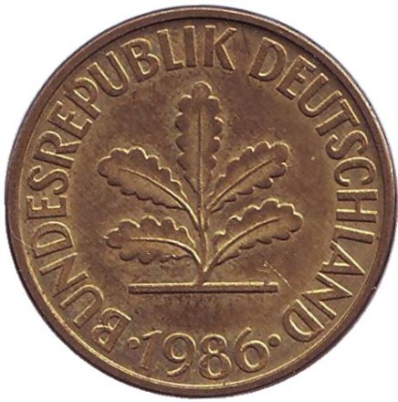 Монета 10 пфеннигов. 1986 год (F), ФРГ. Дубовые листья. Монета 10 пфеннигов. 1986 год (F), ФРГ. Дубовые листья.