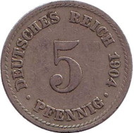 Монета 5 пфеннигов. 1904 год (А), Германская империя. Монета 5 пфеннигов. 1904 год (А), Германская империя.
