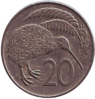 Монета 20 центов. 1982 год, Новая Зеландия. Киви (птица). Монета 20 центов. 1982 год, Новая Зеландия. Киви (птица).