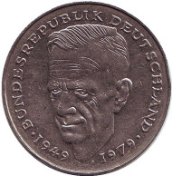 Монета 2 марки. 1990 год (D), ФРГ. Курт Шумахер.