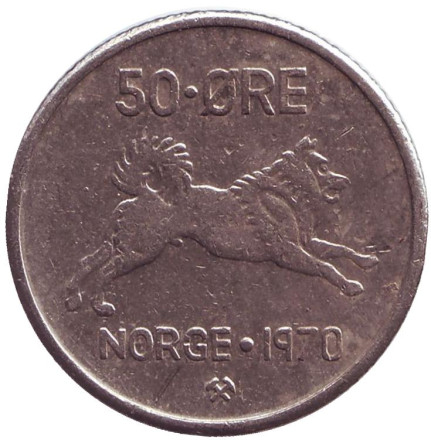 Монета 50 эре. 1970 год, Норвегия. Собака.